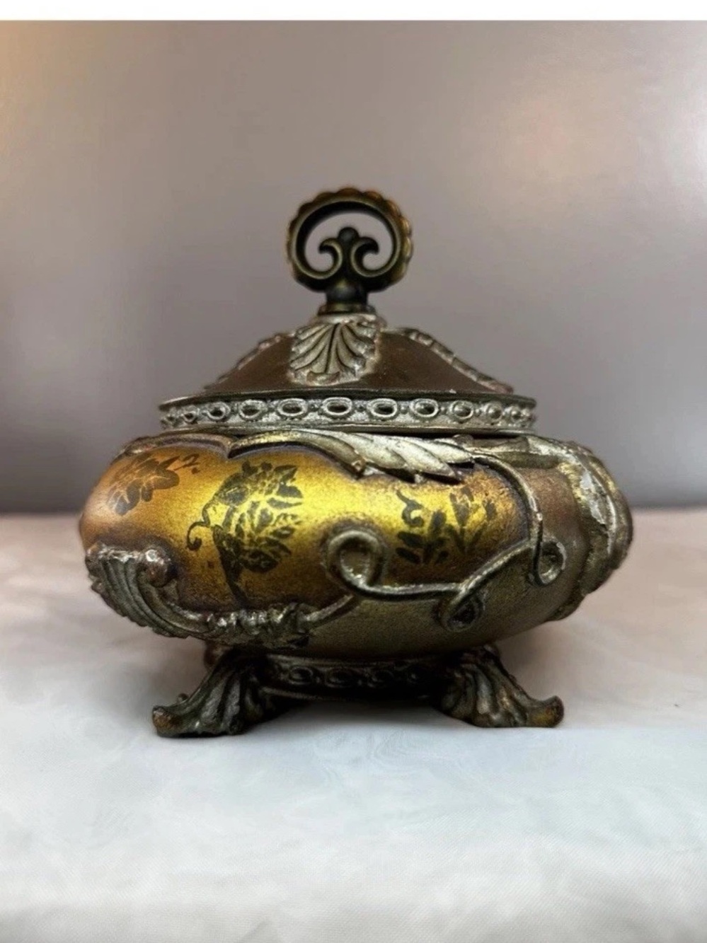 Trinket box Art Nouveau Container 5” circumference 6 tall with lid